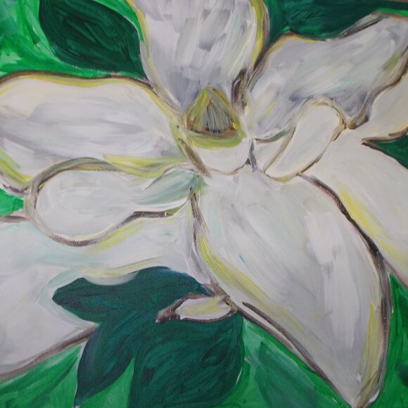 Gorgeous Magnolia Floral acrylic painting on 16"x20" stretched canvas, signed - Picture 1 of 4